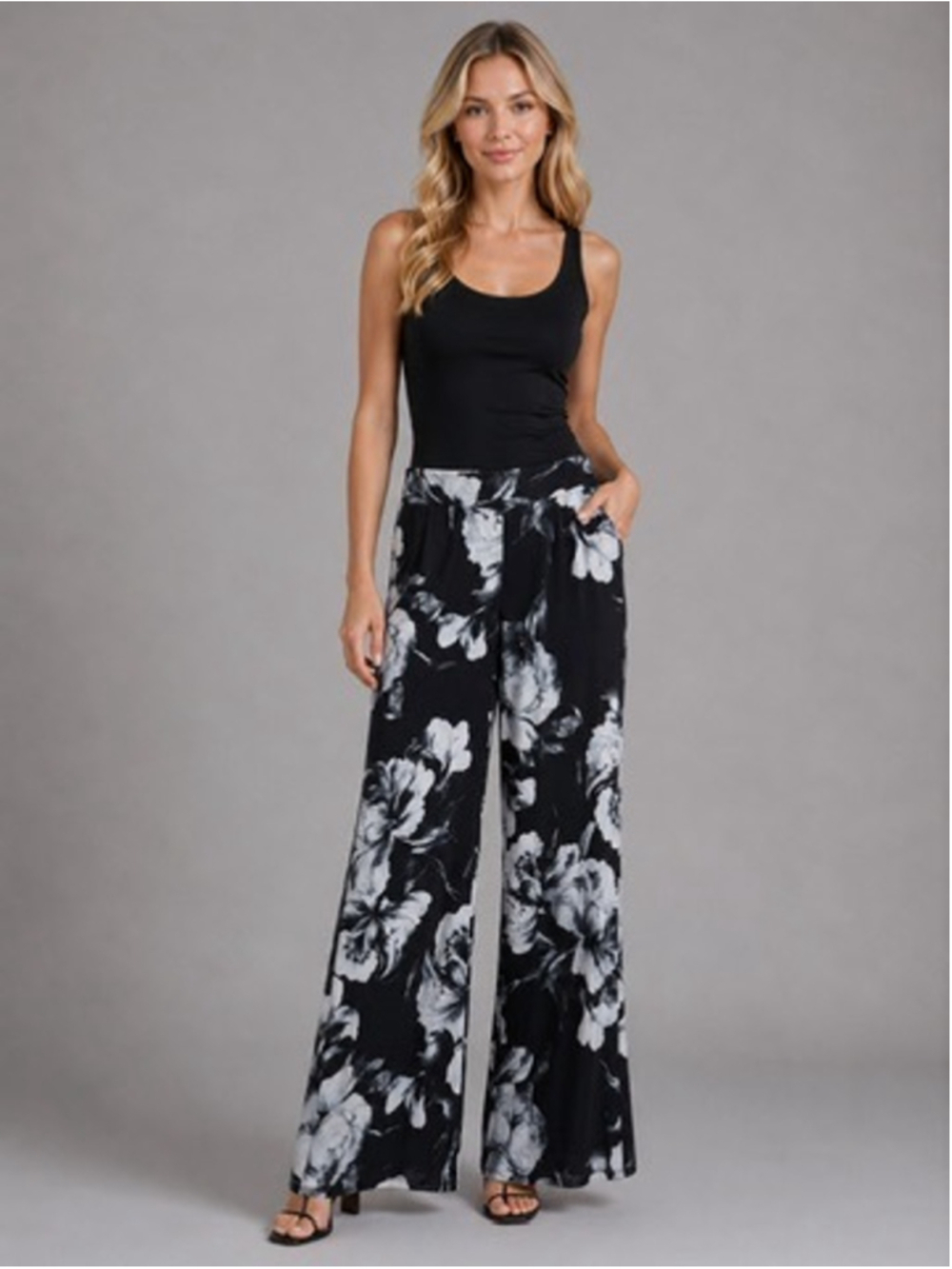 FRANK LYMAN Wide Leg Palazzo Pants Black White Floral Dress Travel Beachy Size 8
